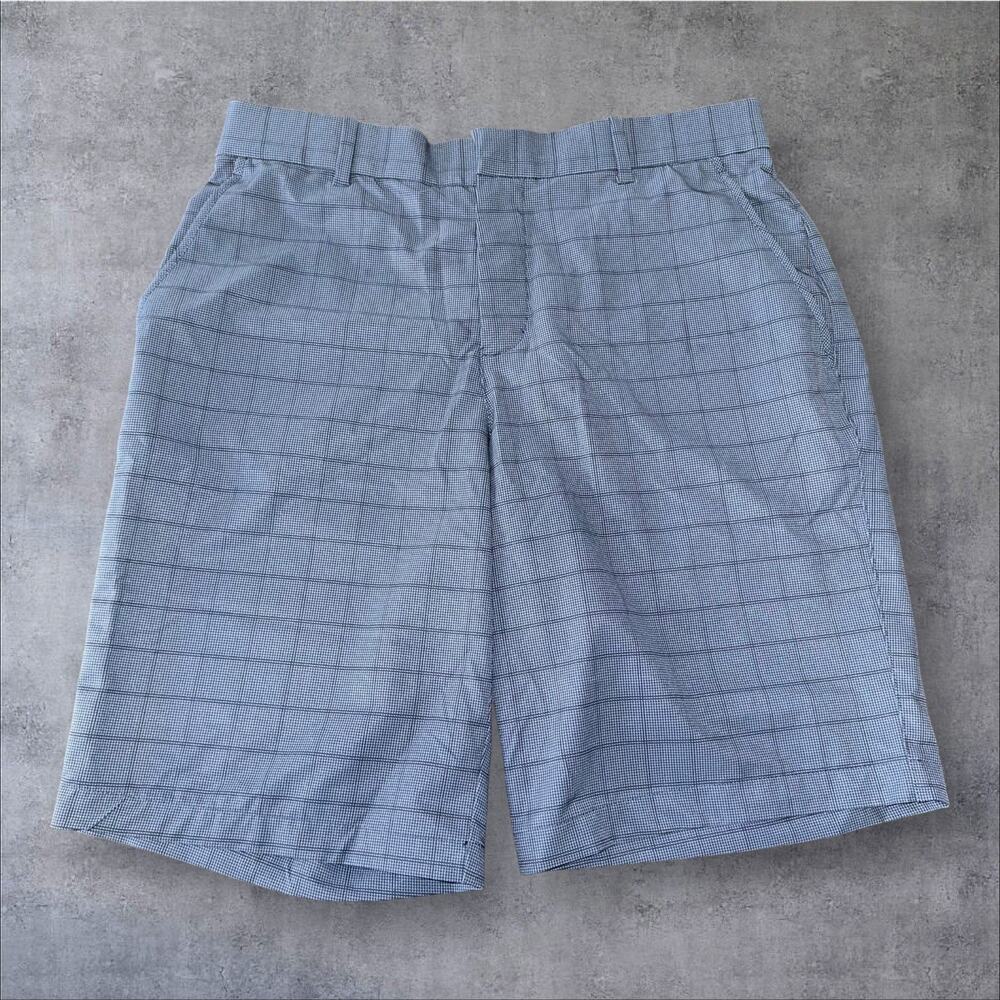Nike Dri Fit Mens 33 Blue Plaid Standard Swoosh Bottom Chino Belted Golf Shorts